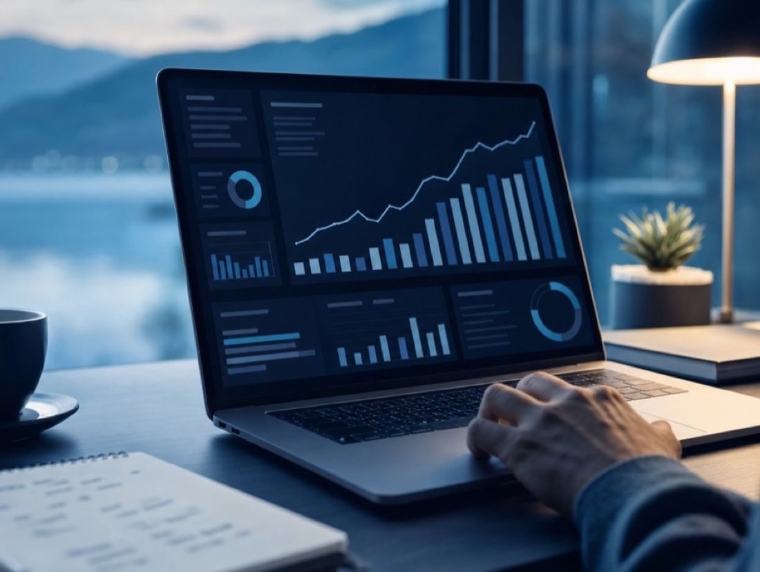 Ad campaign graphs open on a laptop by a window, with water and low hills in the distance