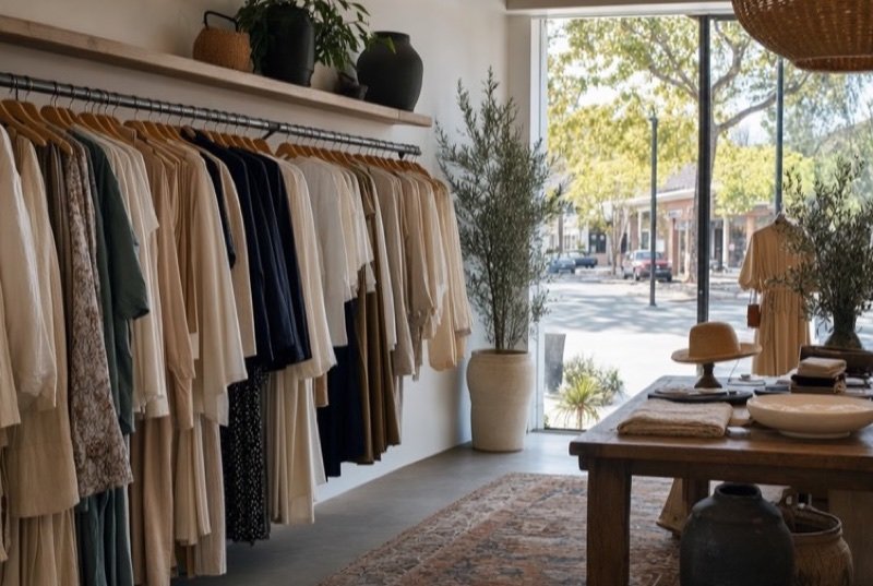 A small boutique with a rail of neutral clothing, a wooden display table and a sunny street through the window