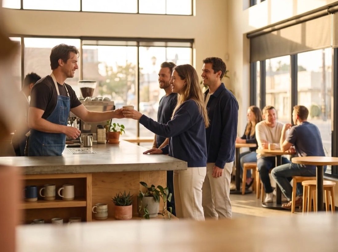 A café counter in warm afternoon light, staff serving customers while others sit at small tables