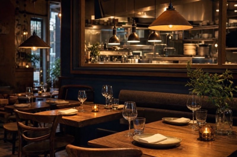 A warmly lit restaurant dining room in the evening, candles on wooden tables and an open kitchen, the kind of room West Hollywood diners book