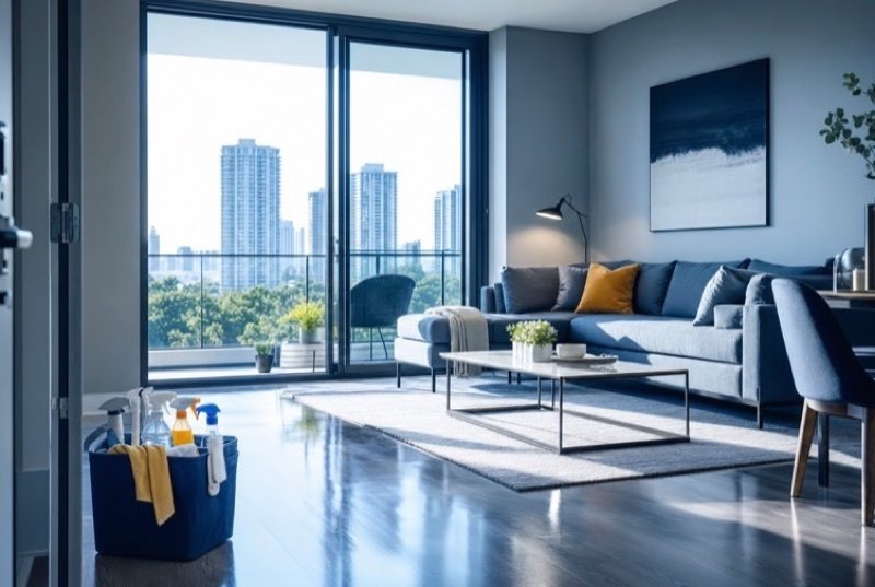 A freshly cleaned apartment living room with a grey sofa and a caddy of cleaning supplies on the floor