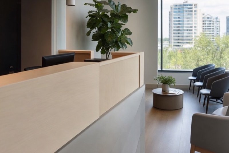 A bright clinic reception with a pale wood counter, a tall plant and waiting chairs by a large window