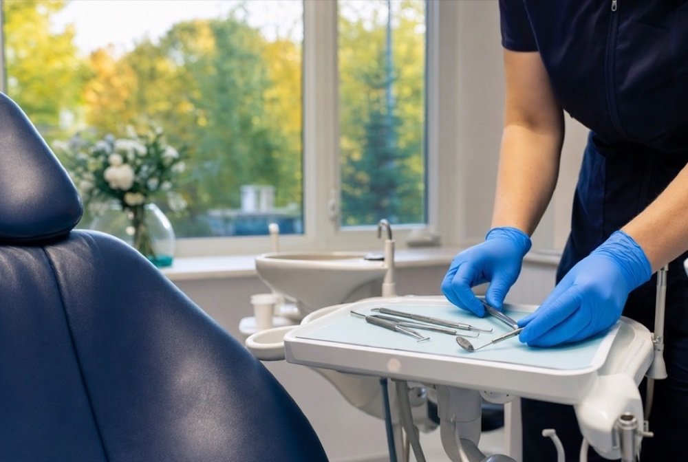 Gloved hands laying out freshly cleaned dental tools next to the patient chair