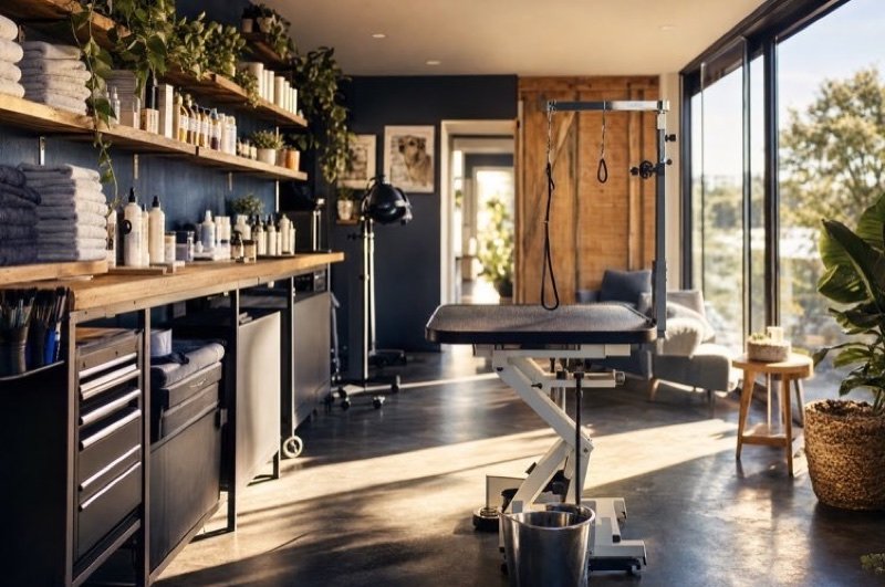A bright pet grooming studio with a grooming table, shelves of towels and late sun through tall windows