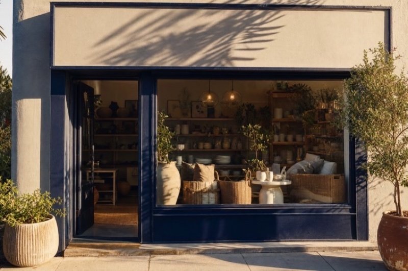 A small homewares showroom seen through its front window, ceramics and cushions inside and palm-leaf shadows on the facade, a storefront from the interior design industry
