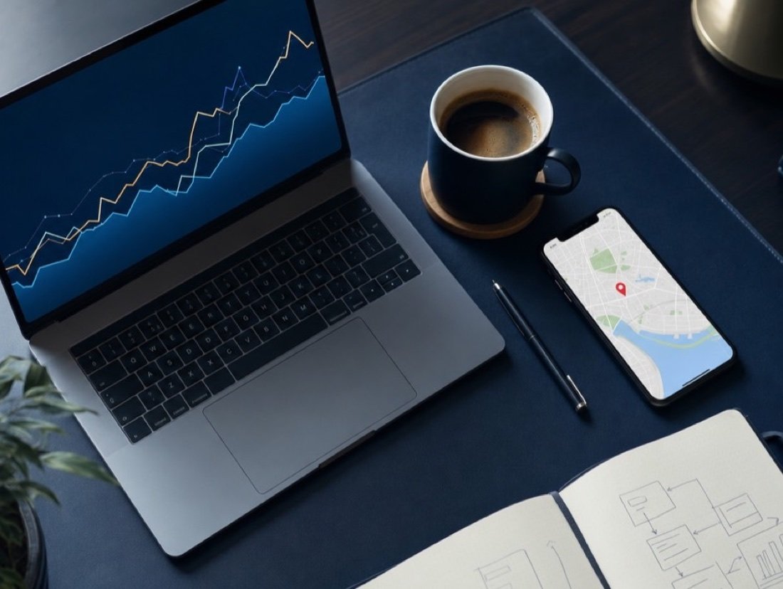 A laptop showing a line chart, a phone with a map pin, a cup of coffee and an open notebook of sketches on a dark desk