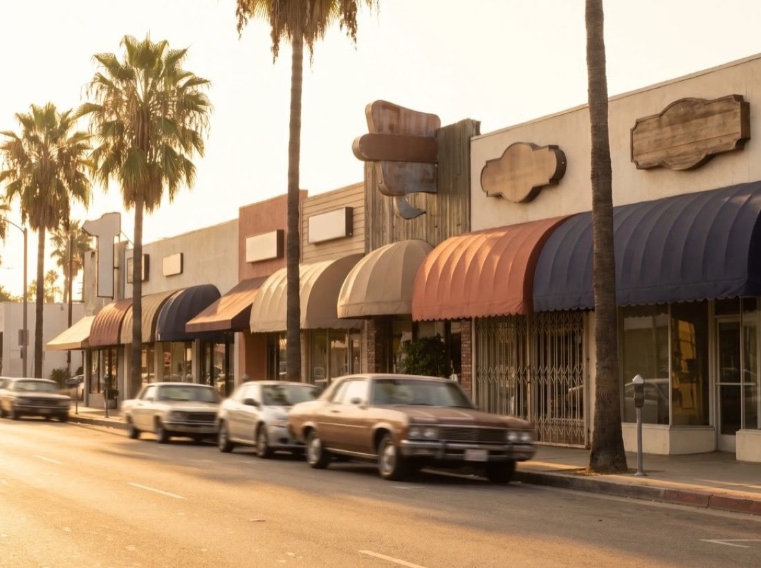 A row of low storefronts with colored awnings and blank signs, tall palms along the sidewalk in evening light