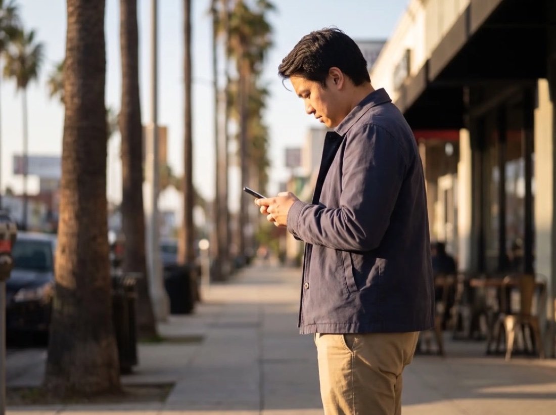 A man in a navy jacket looking at his phone on a sunny sidewalk lined with tall palm trunks