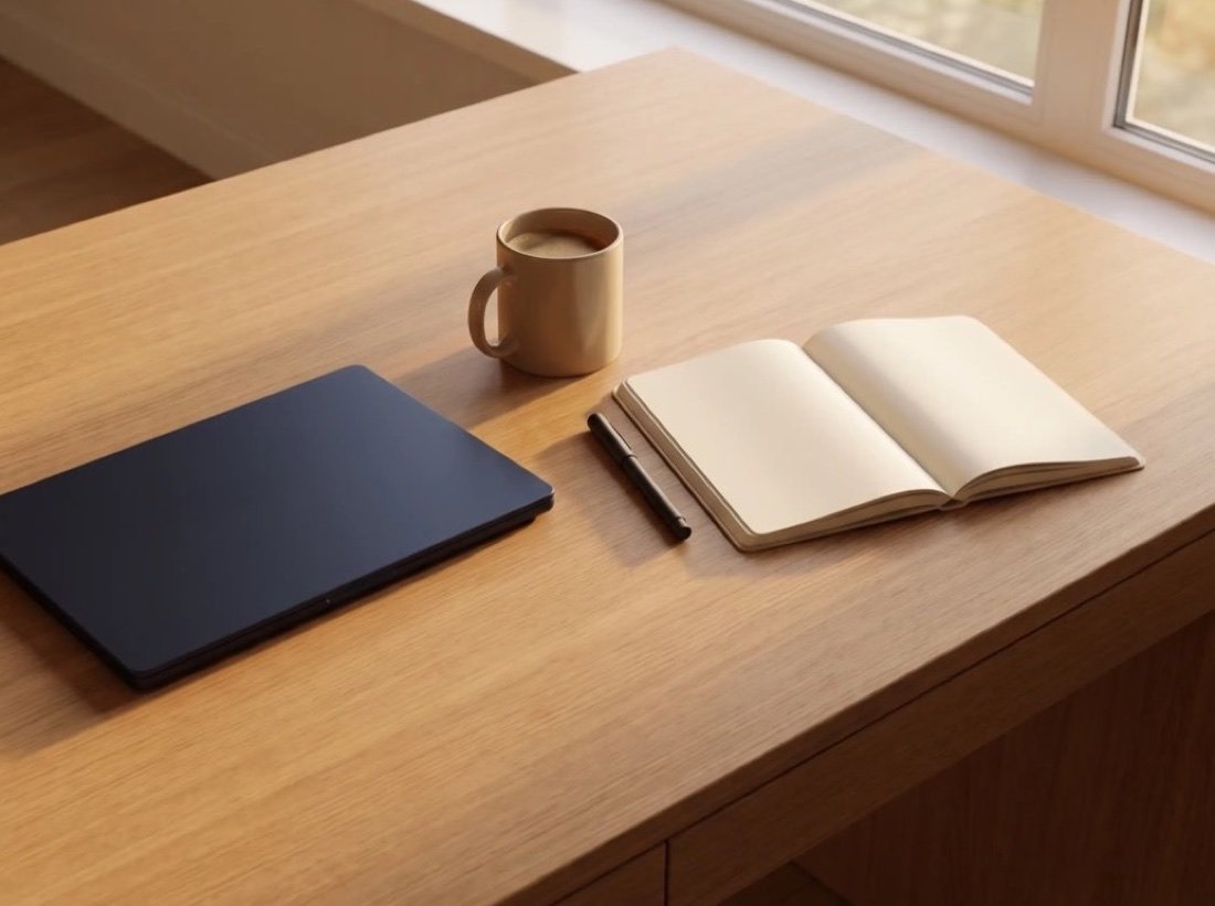 An open notebook with a pen, a closed laptop and a mug of coffee on a warm wooden desk in soft window light