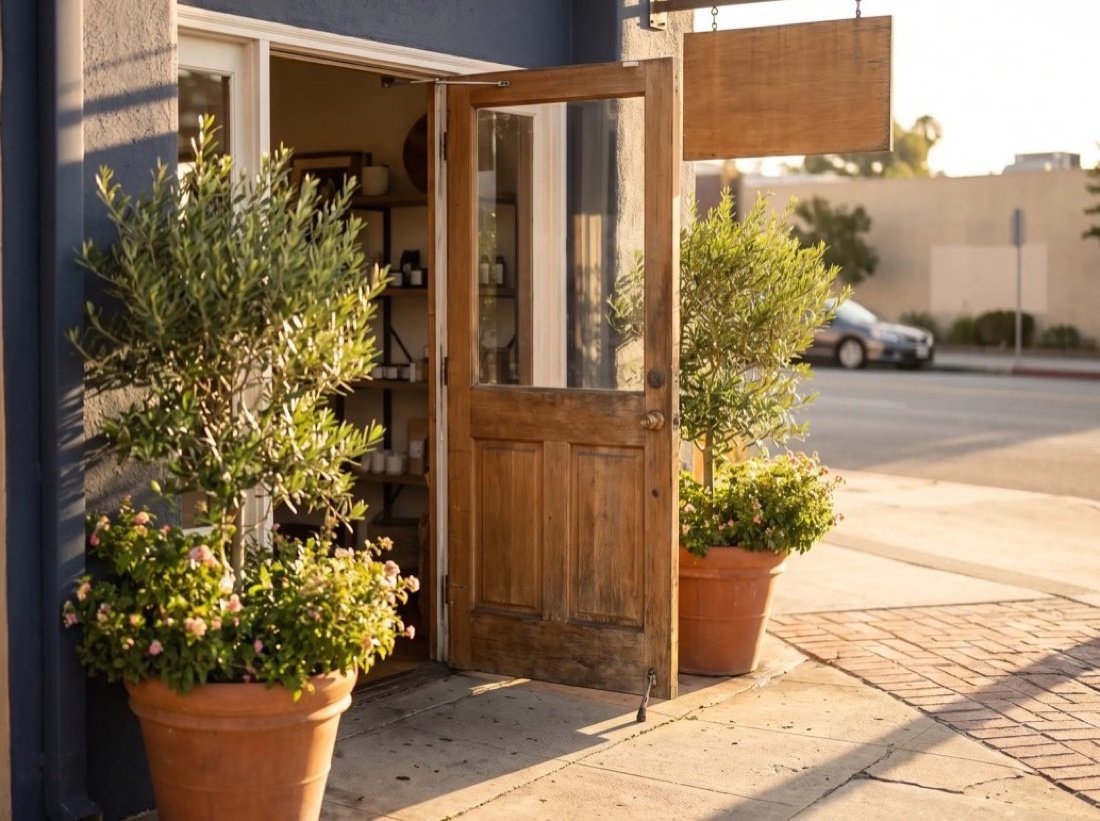 An old wooden shop door propped open onto a sunny sidewalk, potted olive trees and pink flowers on either side