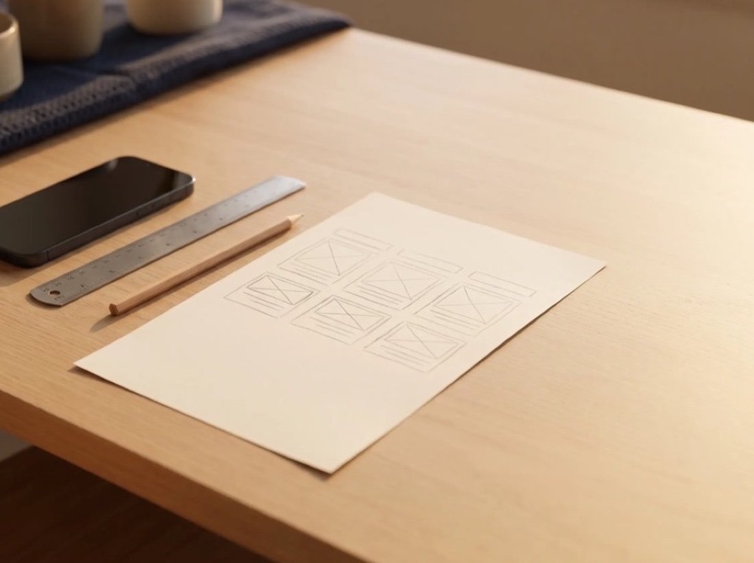 Pencil sketch of a web page layout on paper, with a steel ruler and a phone resting beside it