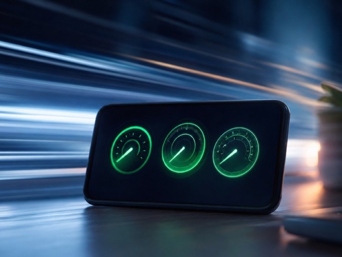 Phone screen with three performance dials all reading green, streaks of motion behind