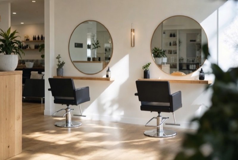 A bright, minimal hair salon with two black styling chairs, round mirrors and pale wood shelves, the everyday setting of the beauty industry