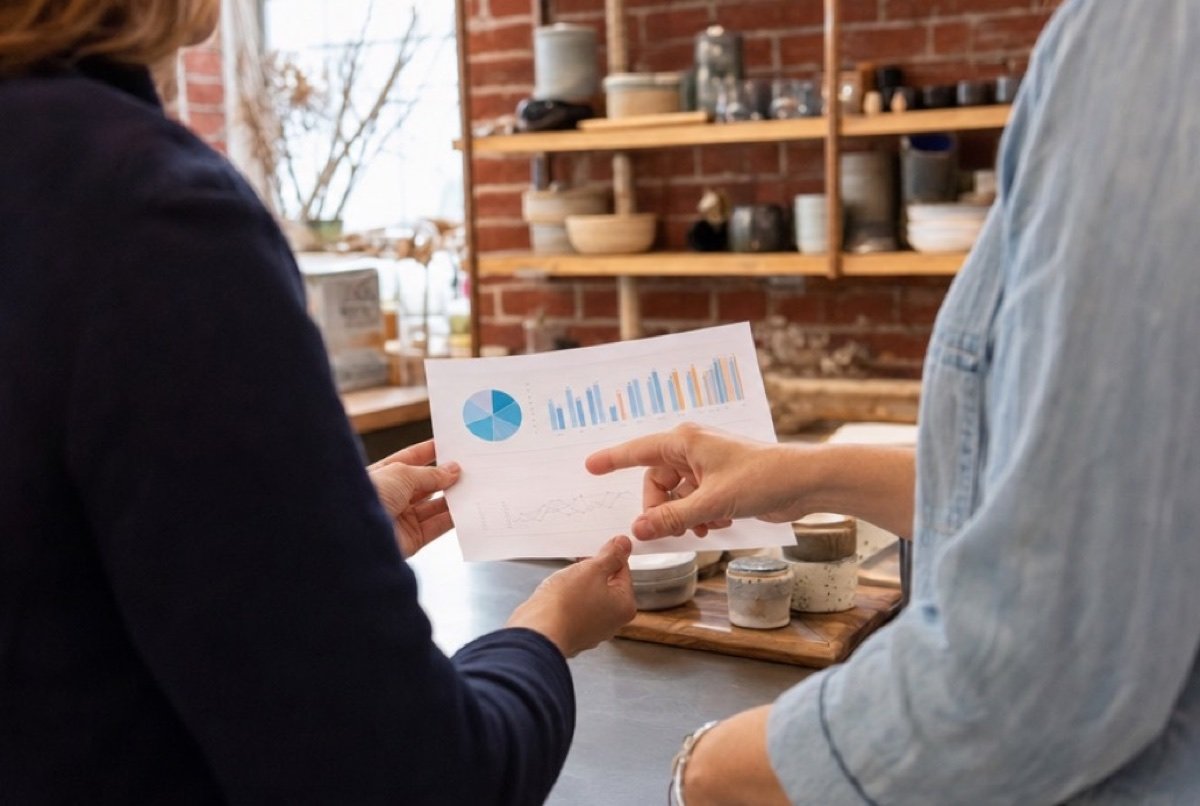 An owner and an adviser going over a single printed page at the counter of a shop with red-brick walls
