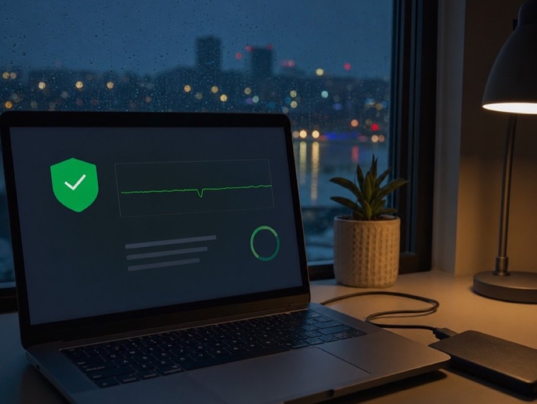 Night-time desk where a laptop shows a green shield and uptime graph, an external drive and lamp beside it
