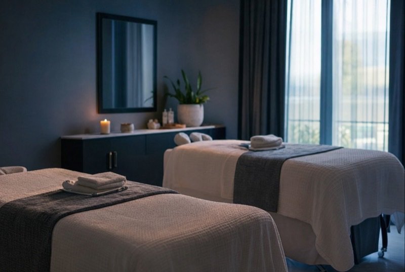 A softly lit treatment room with two padded tables, folded towels, a candle and sheer curtains, a quiet corner of the aesthetics industry