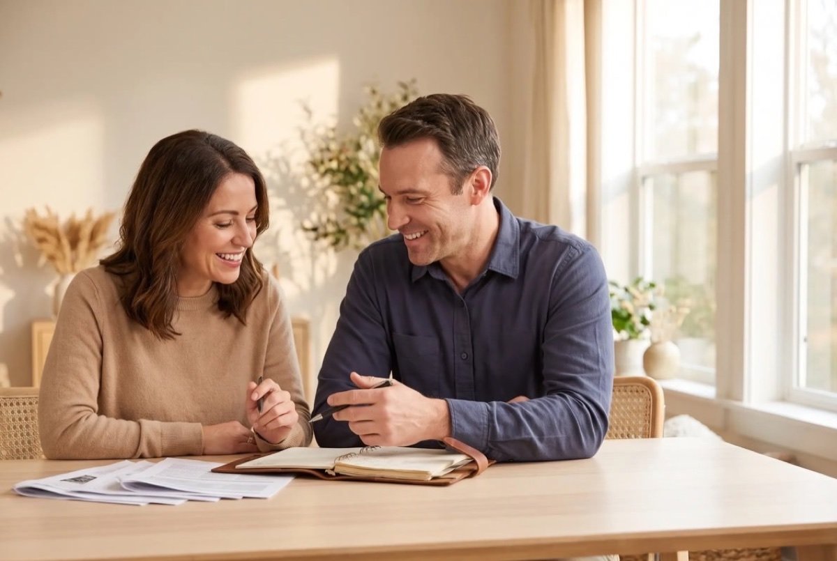 Two people smiling as they go over a notebook and printed pages together at a wooden table in a bright room